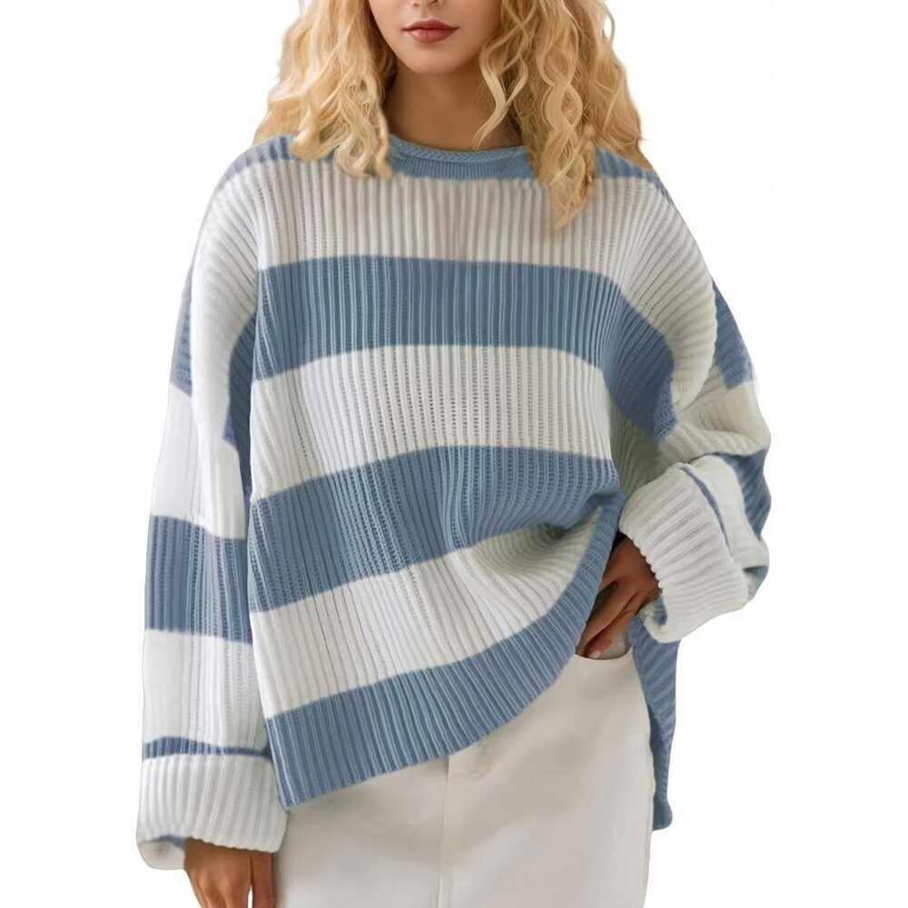 Women's Blue White Pullover Drop Shoulder Long Sleeve Retro Stripe Fall Sweater